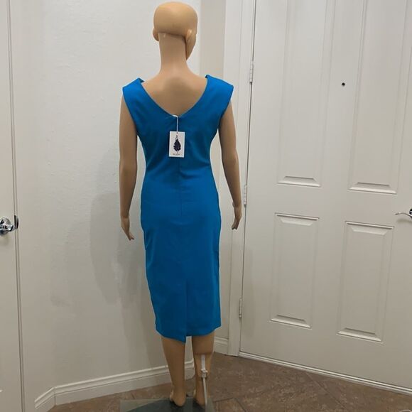 MUXXN Large Turquoise Blue  Asymmetrical Short Sleeve Midi Dress NEW SLIMMING - Picture 7 of 14